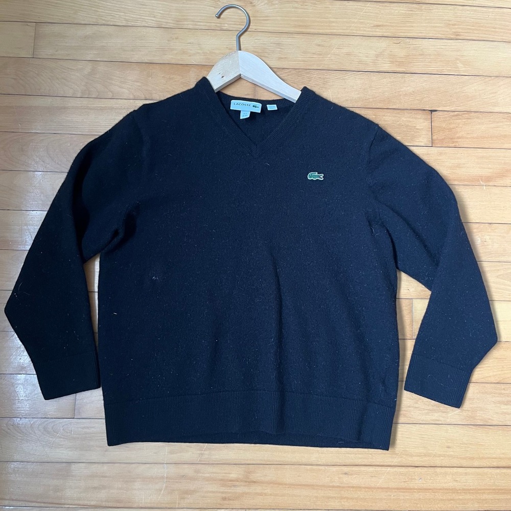 Lacoste Mens Black V-Neck Pure New Wool Sweater Embroidered Logo XXL FR 7